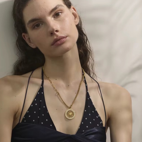 Sun Medallion Pendant Necklace Stainless Steel Gold Plated with Cubic Zirconia - Picture 4 of 10